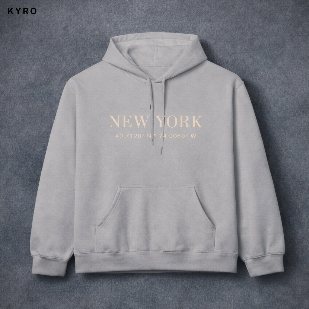 New York Coordinates Hoodie — Minimal City Skyline Pullover