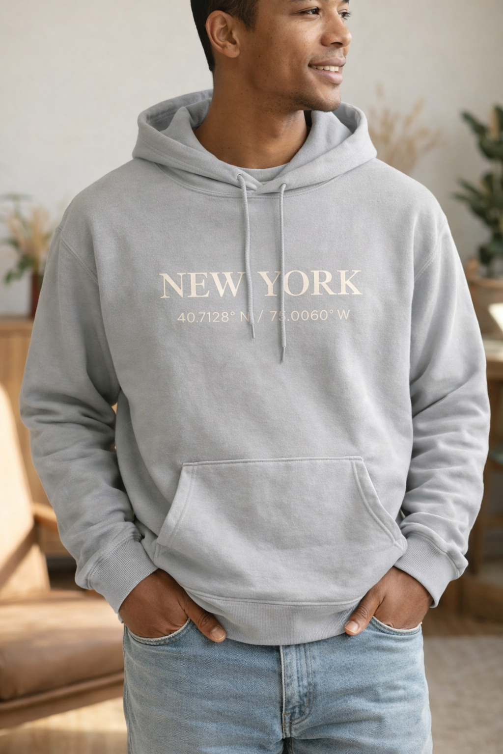 New York Coordinates Hoodie — Minimal City Skyline Pullover
