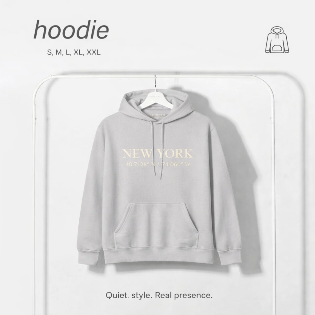 New York Coordinates Hoodie — Minimal City Skyline Pullover